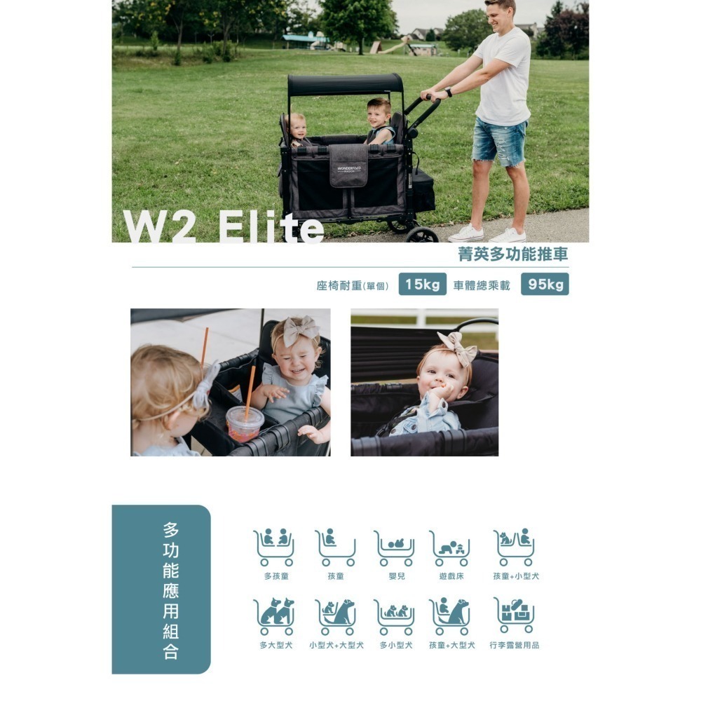 WonderFold W2 Elite 菁英多功能推車-火山黑 (含防水地墊) 嬰兒推車 寵物推車 雙寶推車-細節圖2
