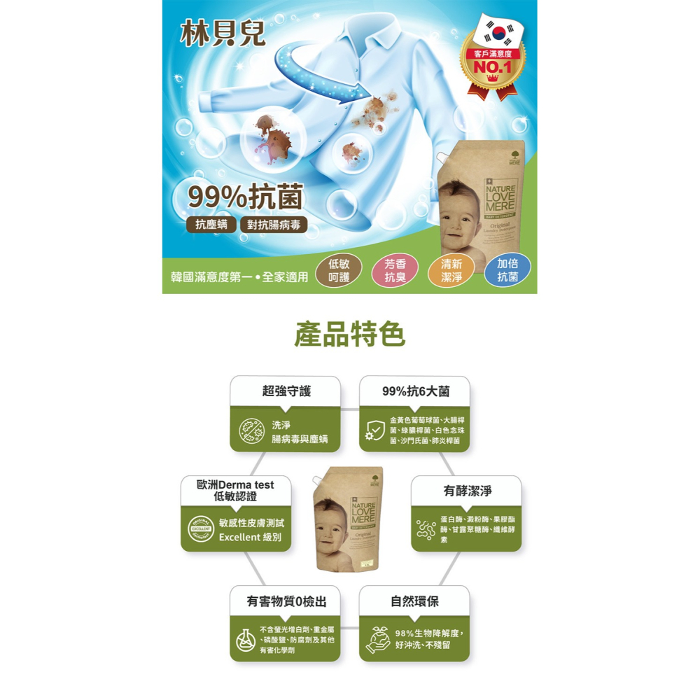 ★買1送1★ 林貝兒 X NATURE LOVE MERE 嬰兒洗衣精 1300ml（低敏/抗臭/抗菌/潔淨）-細節圖3