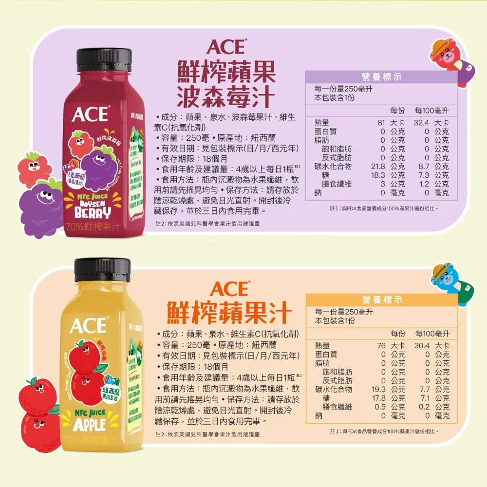 ACE 鮮榨果汁 250ml - 蘋果汁/蘋果波森莓汁-細節圖11