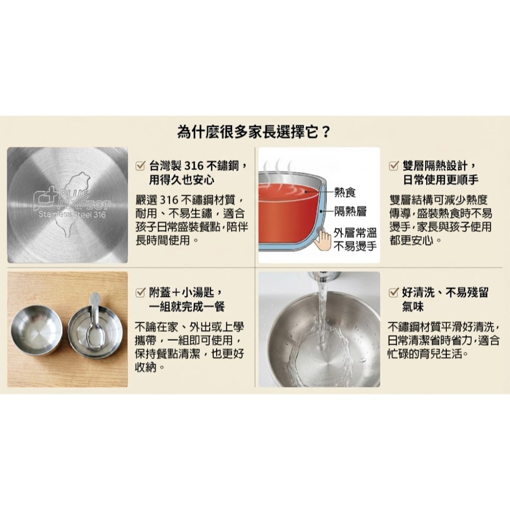 PERFECT 理想牌 極緻316不鏽鋼雙層隔熱兒童碗11cm(300cc) 附蓋+小湯匙(可刻字 客製化)-細節圖6