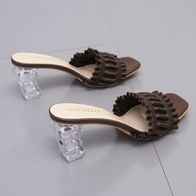 高跟鞋 拖鞋女2023新款女鞋夏季歐美風方頭魚嘴粗跟涼拖鞋女大碼批髮-細節圖4