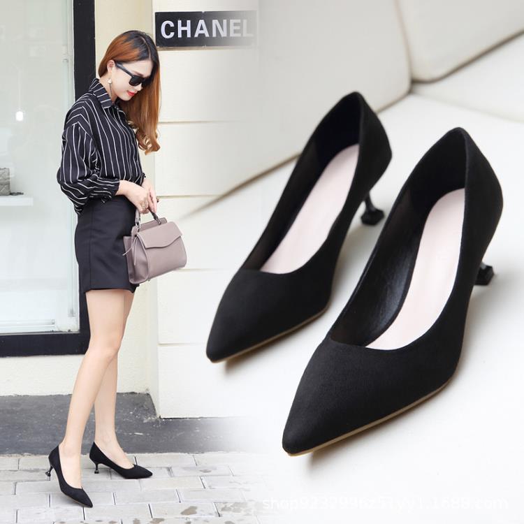 高跟鞋 貓跟單鞋女2023新款尖頭黑色職業工作小清新鞋女細跟紅色婚鞋-細節圖3