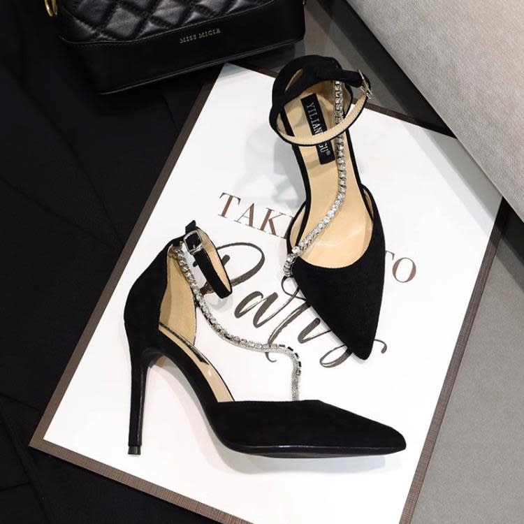 高跟鞋 水鉆一字帶鞋單鞋女尖頭細跟好穿中空女鞋子2023春秋新款時尚-細節圖3