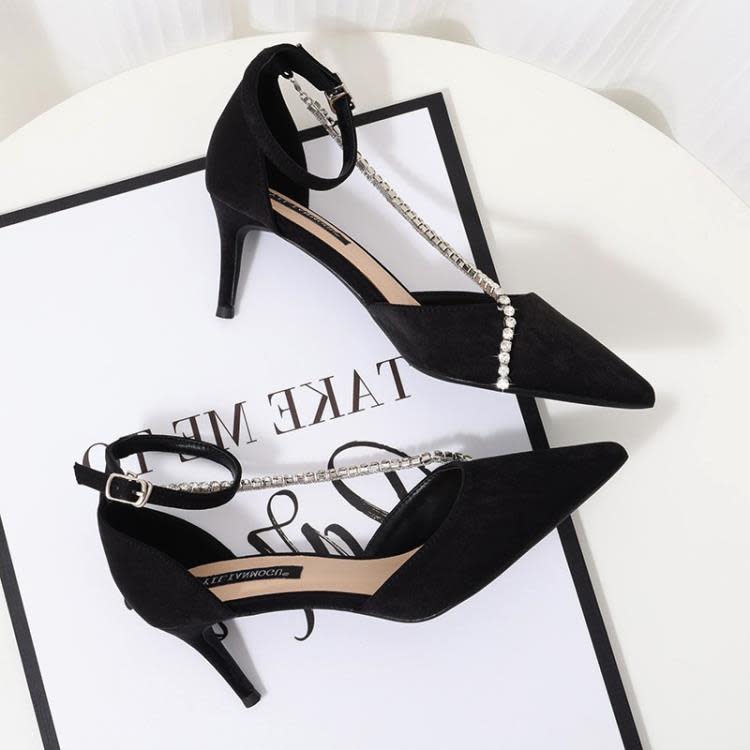 高跟鞋 水鉆一字帶鞋單鞋女尖頭細跟好穿中空女鞋子2023春秋新款時尚-細節圖4