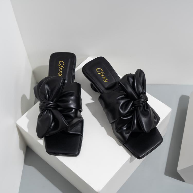 高跟鞋 slippers跨境heels蝴蝶結拖鞋女sandals一字時尚外穿涼拖女鞋-細節圖2
