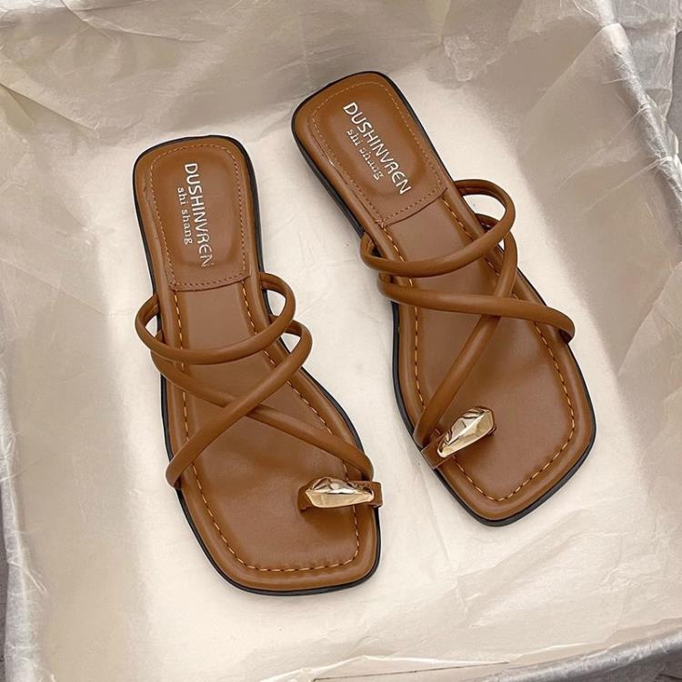 低跟鞋 小眾設計感涼拖鞋女夏外穿2023年新款超火套趾夾腳一字拖鞋女-細節圖2