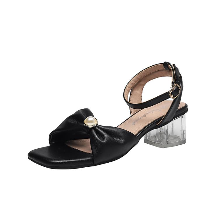 中跟鞋 粗跟涼鞋女2023新款夏季仙女風珍珠氣質一字帶高跟鞋大碼女鞋-細節圖6