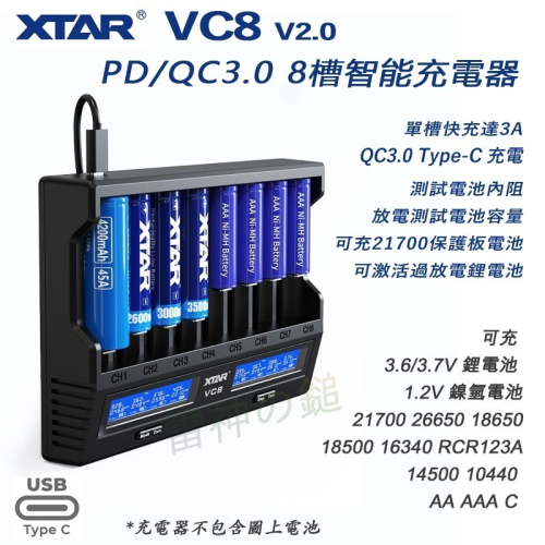 瘋火輪@ XTAR VC8 v2.0 QC3.0 18W 8槽電池充電器 可測容量內阻 可充 21700帶保護板電池
