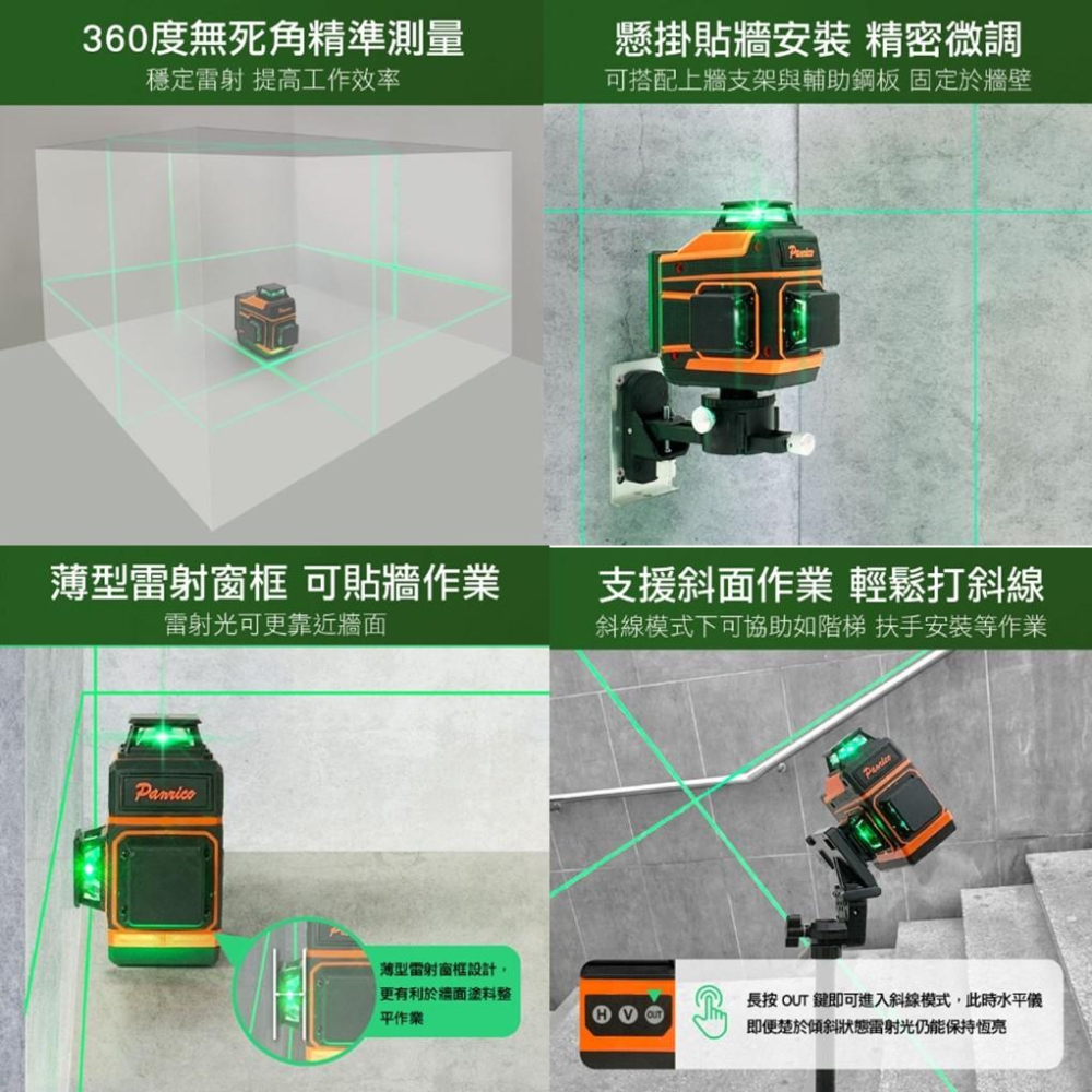 【Panrico 百利世】3D 12線綠光雷射水平儀 激光水平儀 墨線儀 自動調平貼地 貼墻 鋪瓷磚-細節圖3