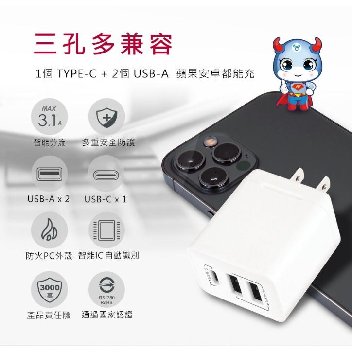 【聖岡科技Dr.AV】3孔USB急速充電器 智能分流 TYPE-C USB-A 3.1A(PB-331AC)-細節圖3