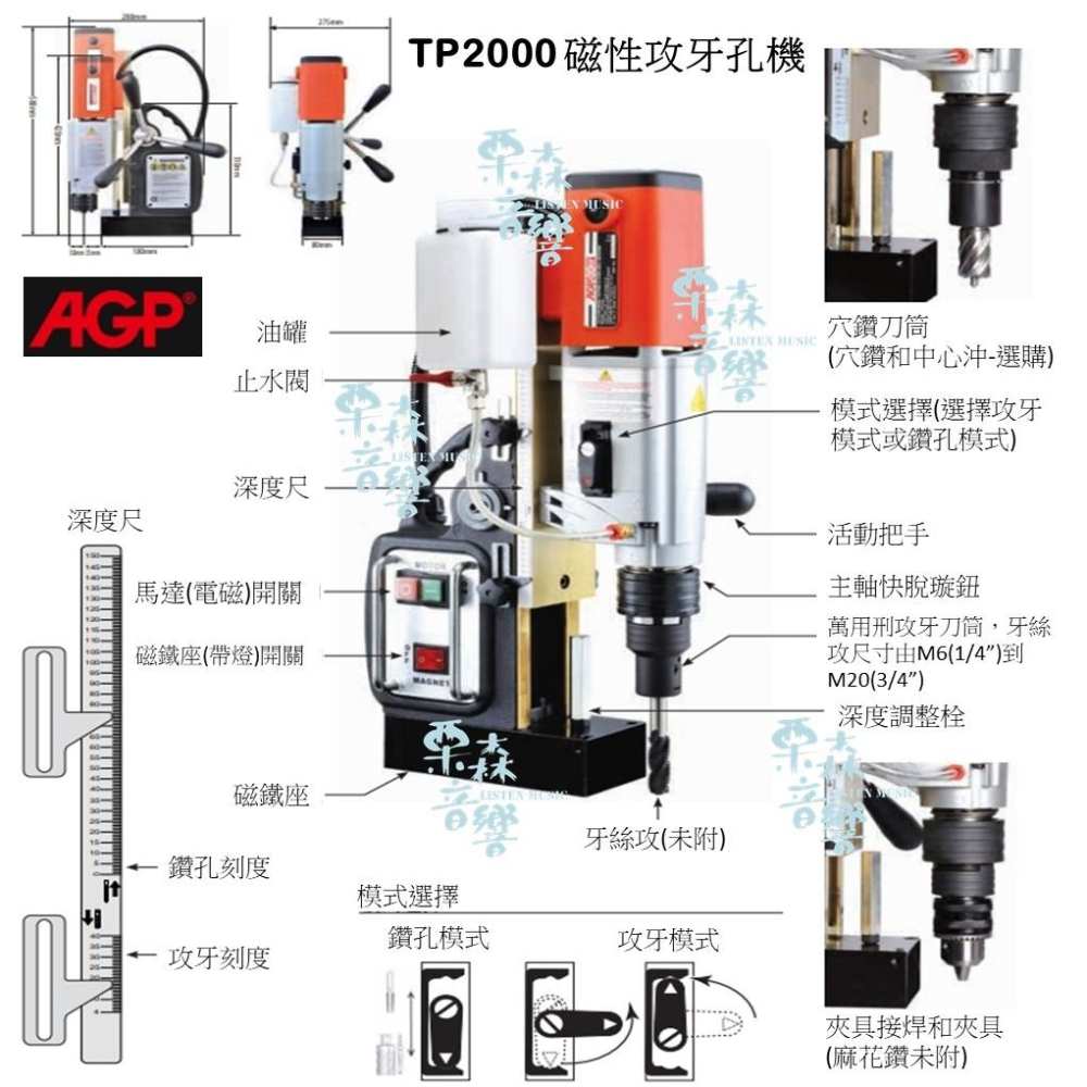 【AGP】免運 TP2000 磁性鑽孔攻牙機 鑽孔 攻牙 兩用機 優惠價私訊-細節圖2