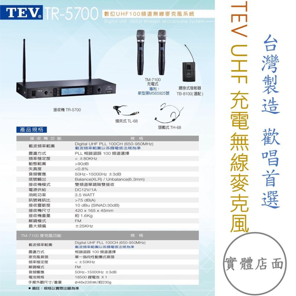 TEV TR-5700 UHF 雙頻道接收系統 充電式無線麥克風 Type-c 充電式 卡拉OK麥克風 家庭麥克風-細節圖2