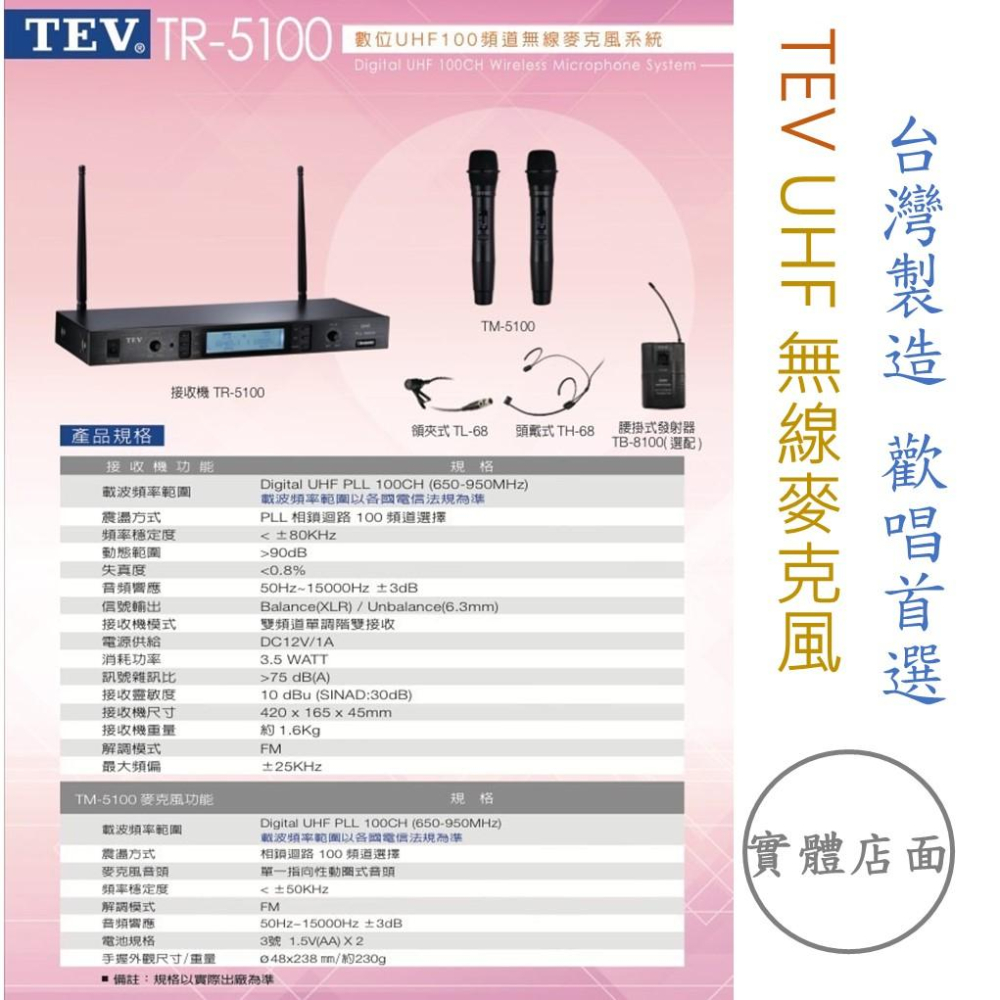 TEV TR-5100 UHF 可調頻 100CH 雙頻道接收系統 無線麥克風 卡拉OK麥克風 家庭麥克風-細節圖2