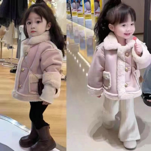 Baby_Shop童裝世界 平價童裝 女童粉色小香風皮毛外套