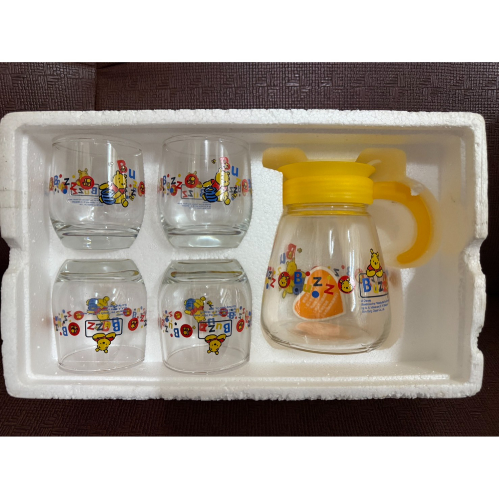 【迪士尼正版】Disney小熊維尼壺杯組玻璃冷水壺+玻璃杯 1壺4杯套裝禮盒全新未使用-細節圖2