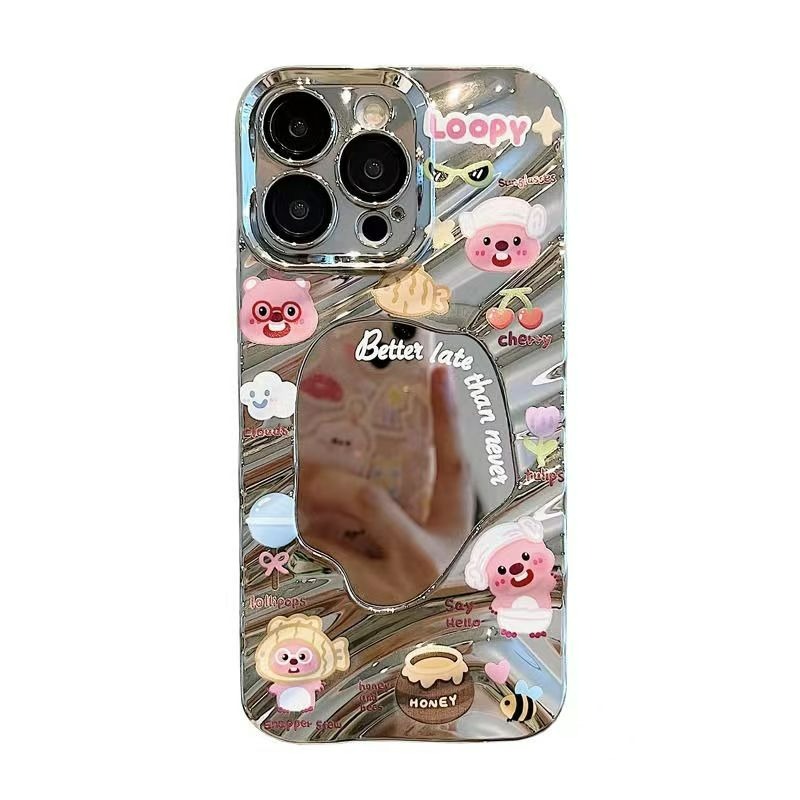 卡通海狸 蘋果15手機殼 14iPhone 13promax 波浪鏡面 8/7plus 銀色xs/12 手機殼 鏡面手機-細節圖2