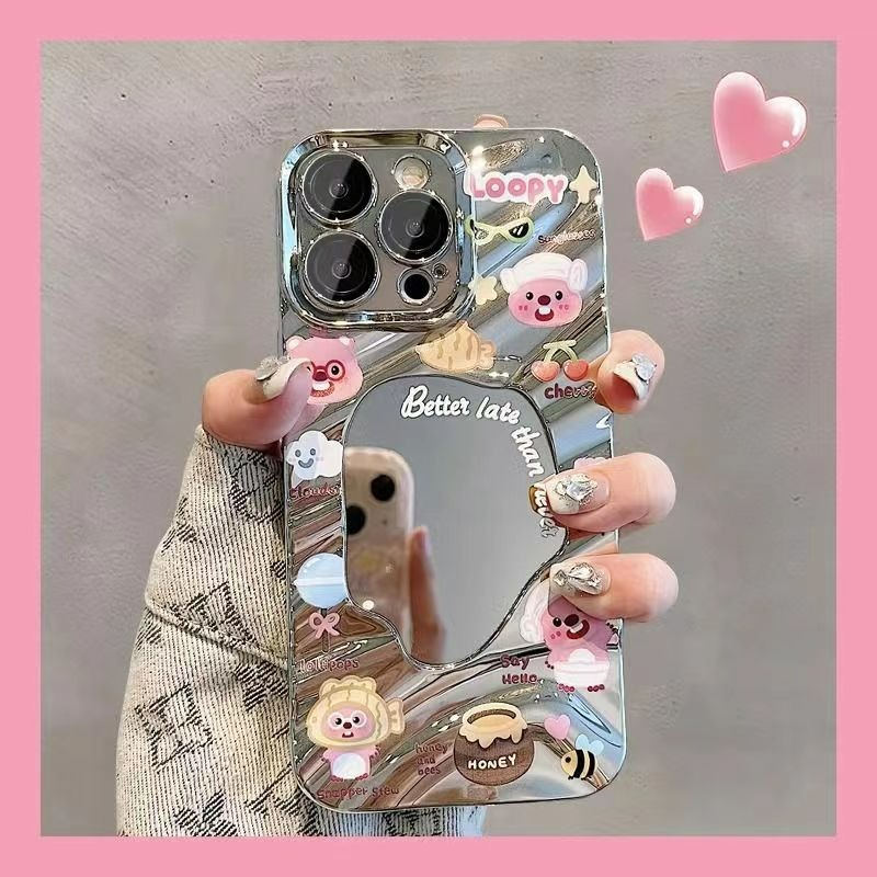 卡通海狸 蘋果15手機殼 14iPhone 13promax 波浪鏡面 8/7plus 銀色xs/12 手機殼 鏡面手機-細節圖3