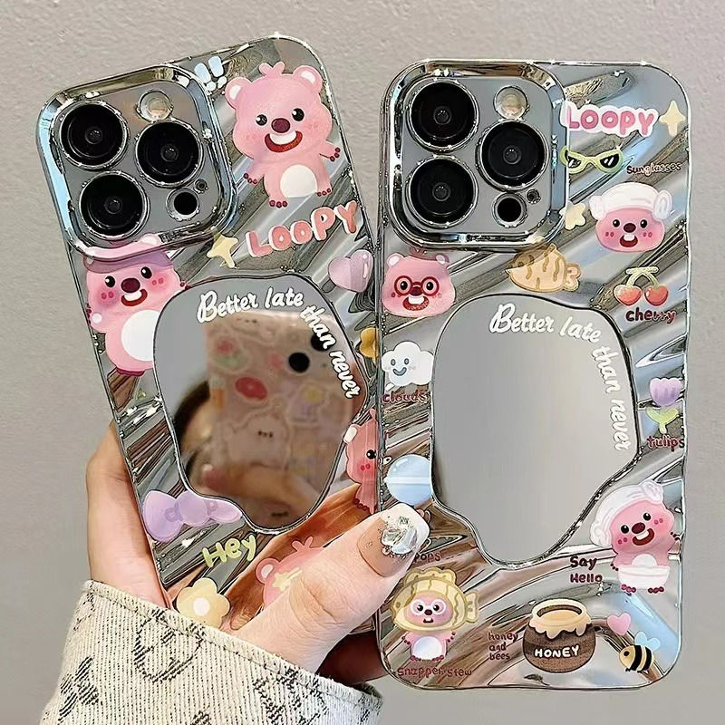 卡通海狸 蘋果15手機殼 14iPhone 13promax 波浪鏡面 8/7plus 銀色xs/12 手機殼 鏡面手機-細節圖4