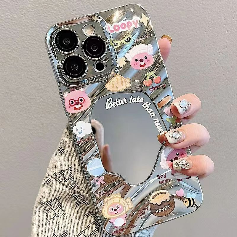 卡通海狸 蘋果15手機殼 14iPhone 13promax 波浪鏡面 8/7plus 銀色xs/12 手機殼 鏡面手機-細節圖6