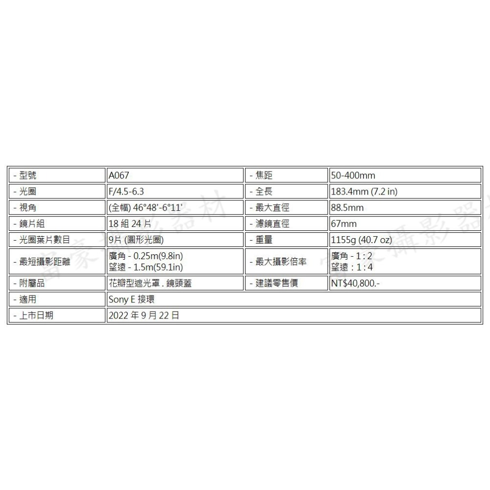 TAMRON 50-400mm F/4.5-6.3 Di III VC VXD 遠攝變焦鏡鏡 SONY E接環 A067-細節圖11