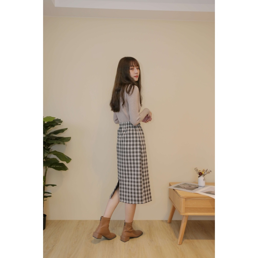 【Our Studio】秋冬毛呢格子中長裙 咖啡色 灰色(現貨)-細節圖7