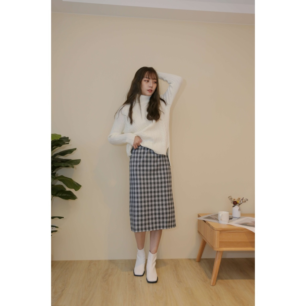 【Our Studio】秋冬毛呢格子中長裙 咖啡色 灰色(現貨)-細節圖9