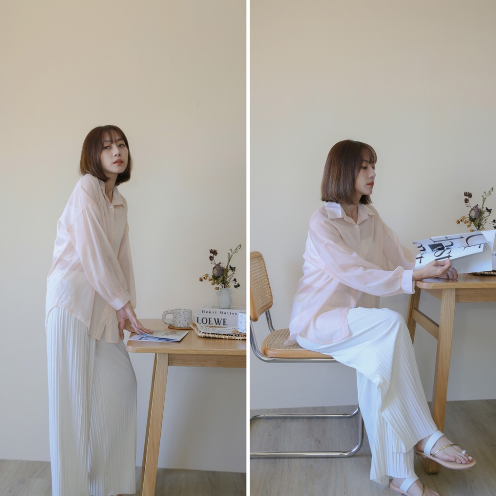 【Our Studio】小性感透肌多色微光澤襯衫 白色 粉膚色 薰衣紫色 深灰色 黑色(現貨)-細節圖6
