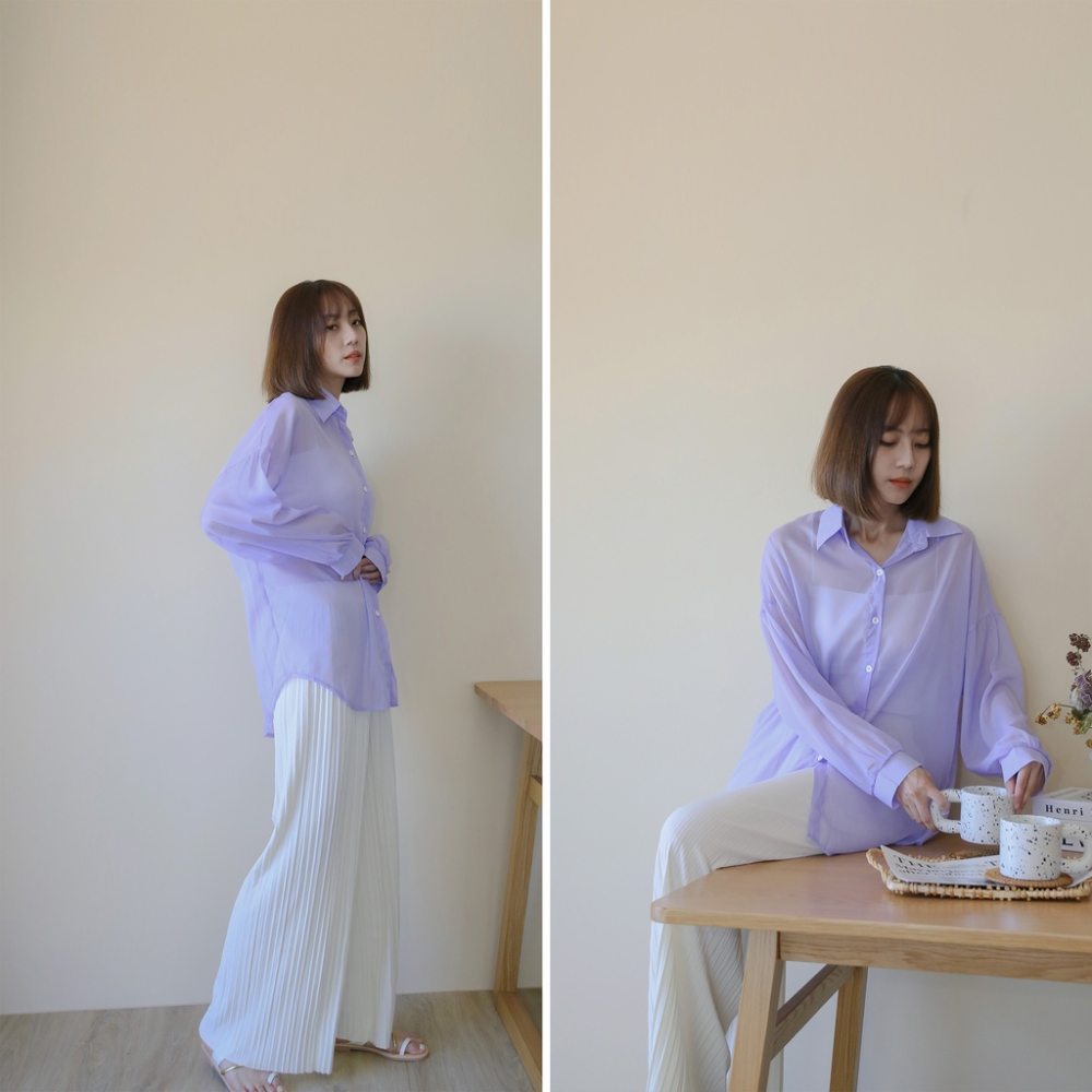 【Our Studio】小性感透肌多色微光澤襯衫 白色 粉膚色 薰衣紫色 深灰色 黑色(現貨)-細節圖9