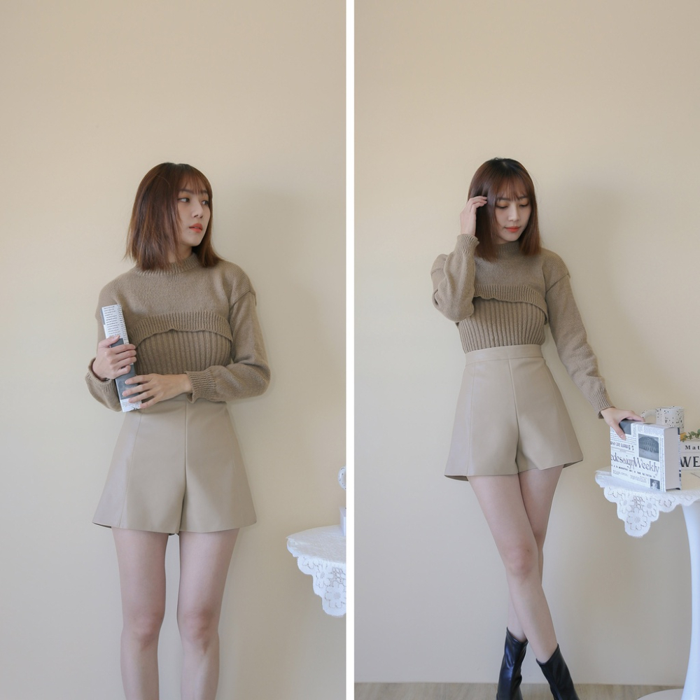【Our Studio】質感高腰A字皮質短褲 杏色 奶茶色 咖啡色 黑色(現貨)-細節圖2
