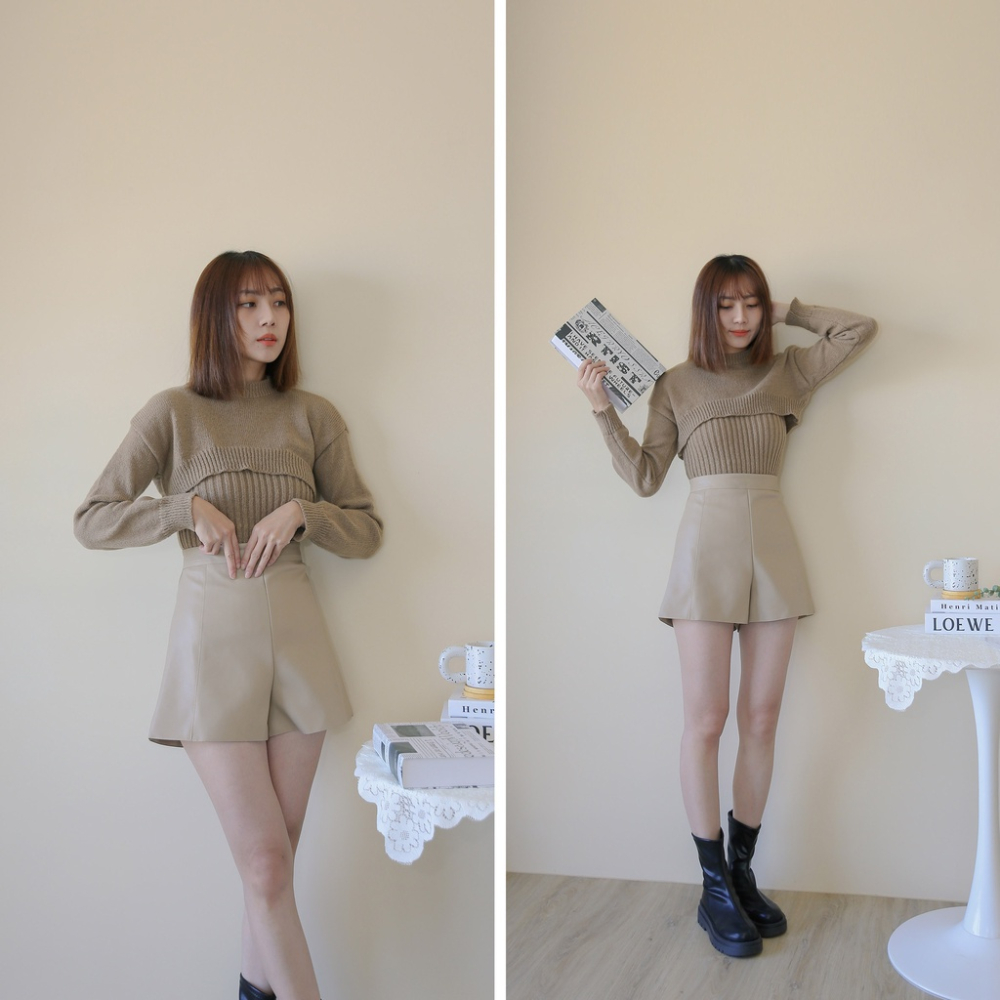 【Our Studio】質感高腰A字皮質短褲 杏色 奶茶色 咖啡色 黑色(現貨)-細節圖3