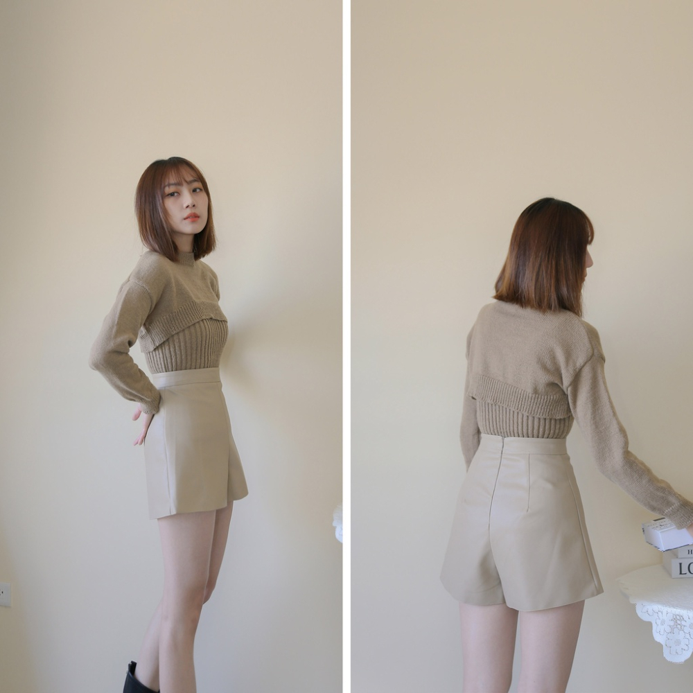 【Our Studio】質感高腰A字皮質短褲 杏色 奶茶色 咖啡色 黑色(現貨)-細節圖4