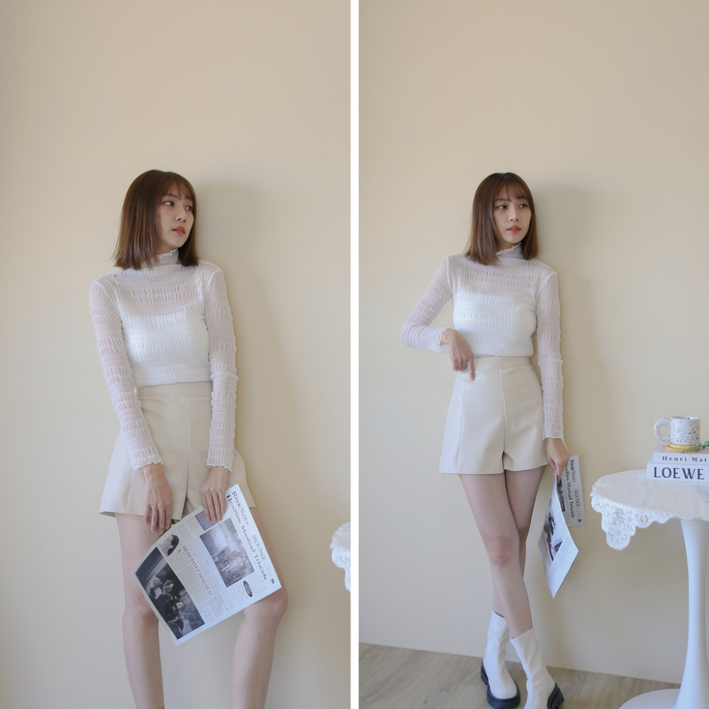 【Our Studio】質感高腰A字皮質短褲 杏色 奶茶色 咖啡色 黑色(現貨)-細節圖5