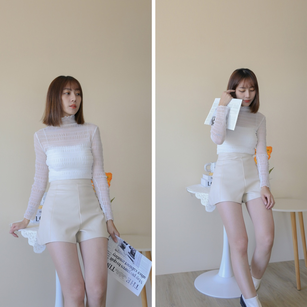 【Our Studio】質感高腰A字皮質短褲 杏色 奶茶色 咖啡色 黑色(現貨)-細節圖6