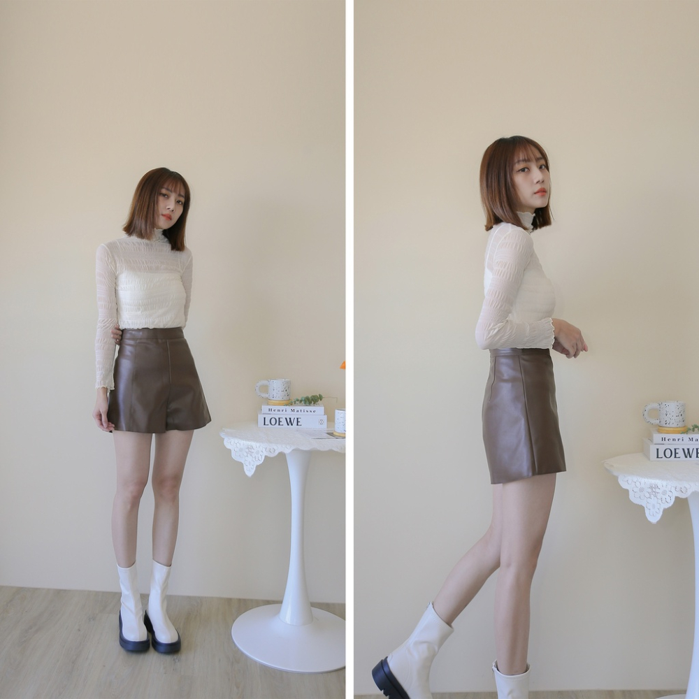 【Our Studio】質感高腰A字皮質短褲 杏色 奶茶色 咖啡色 黑色(現貨)-細節圖7