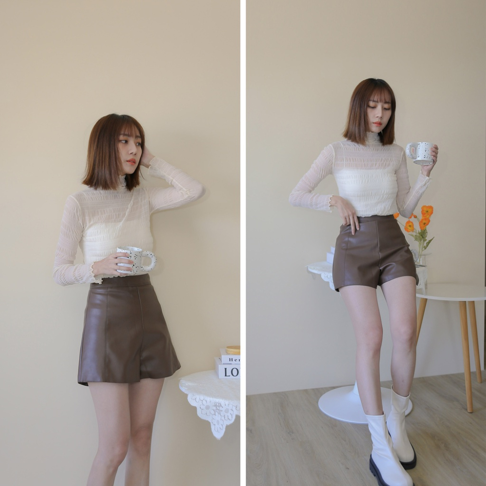 【Our Studio】質感高腰A字皮質短褲 杏色 奶茶色 咖啡色 黑色(現貨)-細節圖8