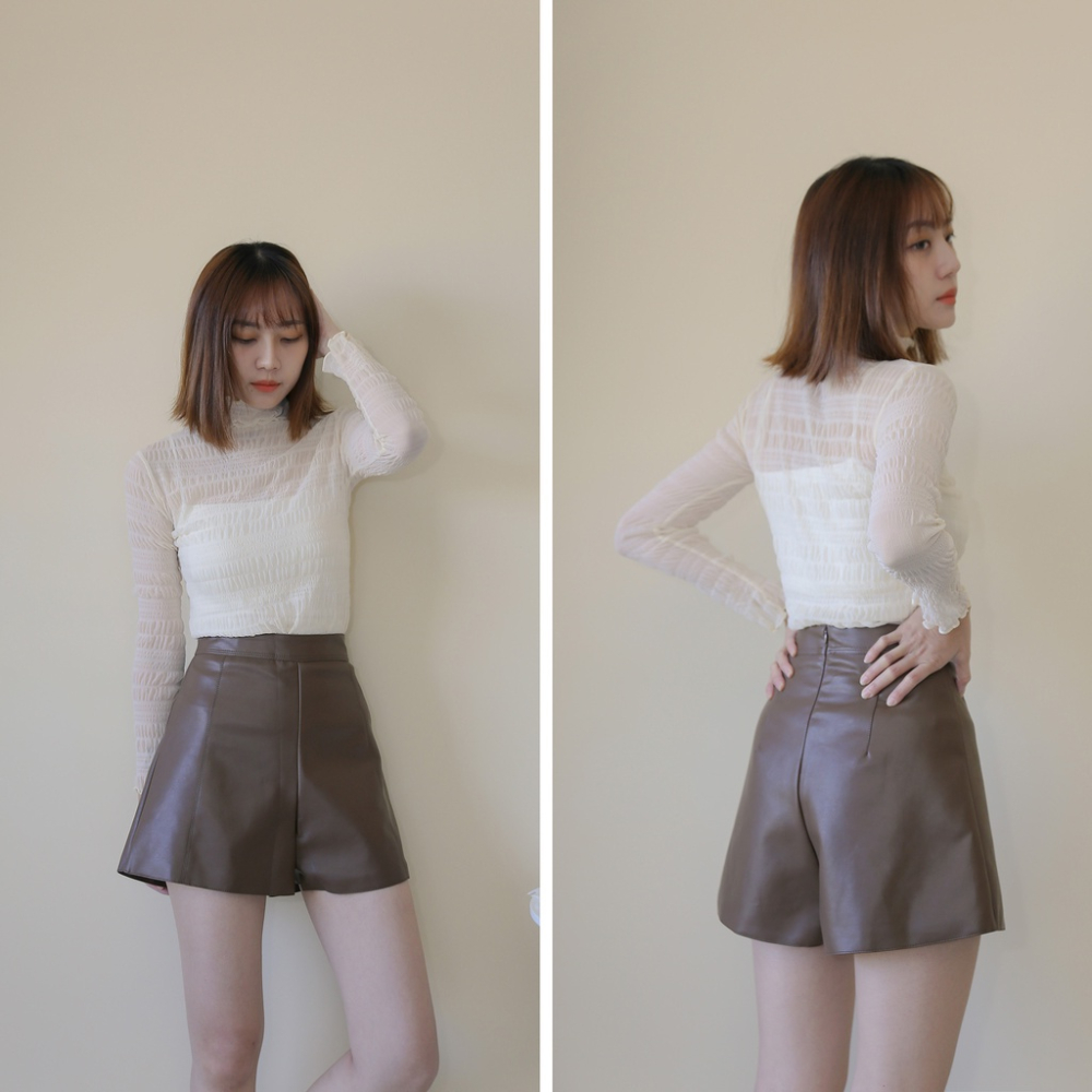 【Our Studio】質感高腰A字皮質短褲 杏色 奶茶色 咖啡色 黑色(現貨)-細節圖9