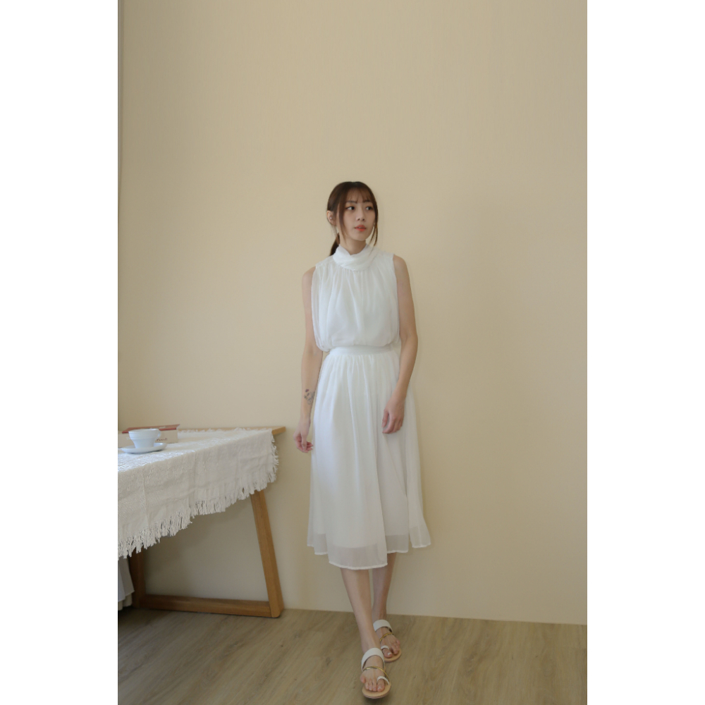 【Our Studio】優雅仙氣無袖上衣+質感後鬆緊中長裙 白色(現貨)-細節圖2