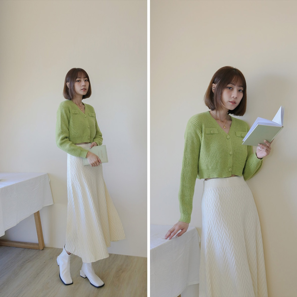 【Our Studio】秋季溫柔慵懶包釦短版針織毛衣 杏色 酪梨綠色(現貨)-細節圖2
