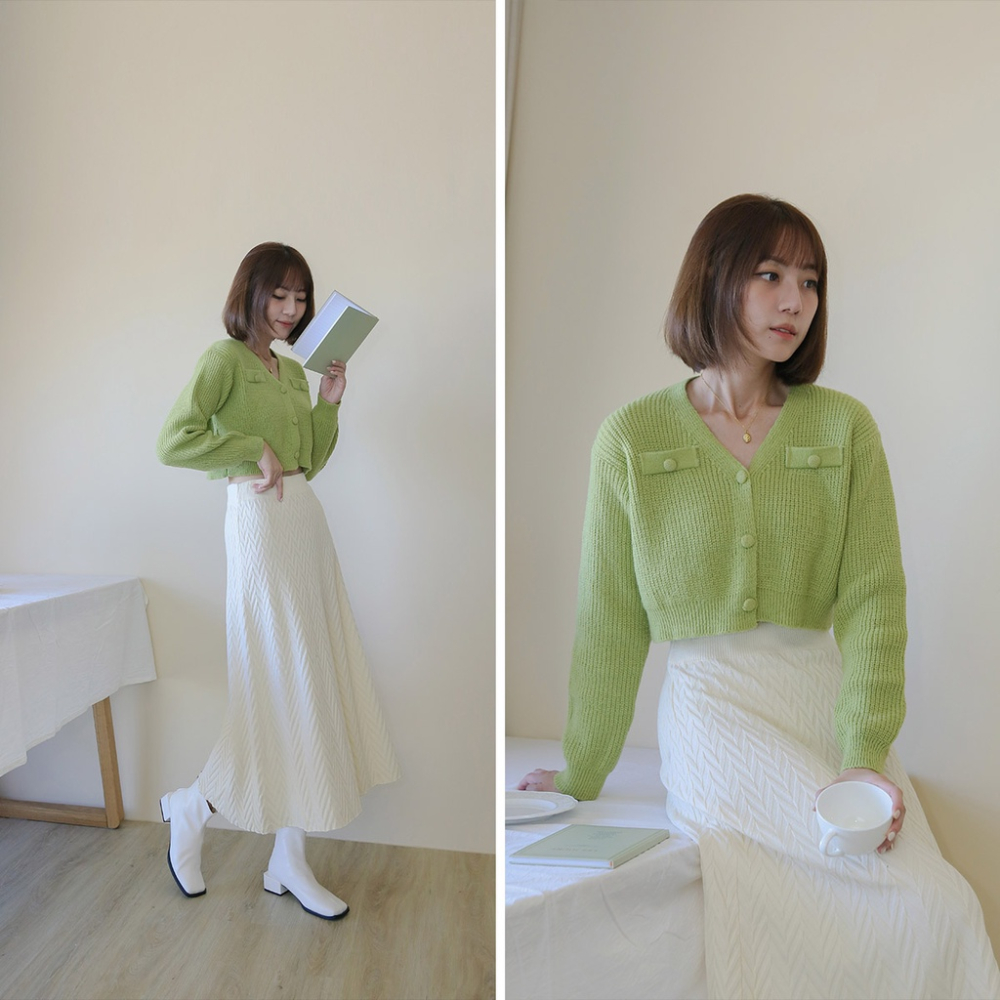 【Our Studio】秋季溫柔慵懶包釦短版針織毛衣 杏色 酪梨綠色(現貨)-細節圖3