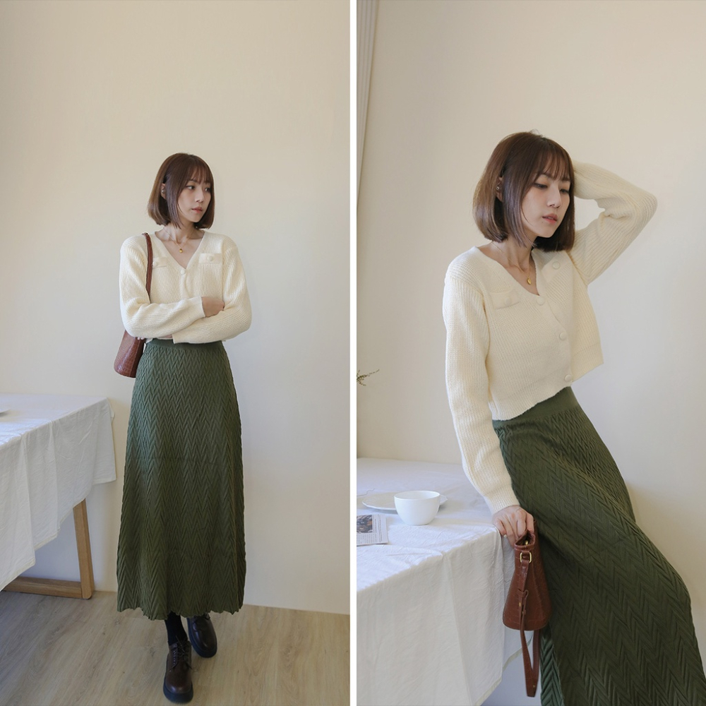 【Our Studio】秋季溫柔慵懶包釦短版針織毛衣 杏色 酪梨綠色(現貨)-細節圖5