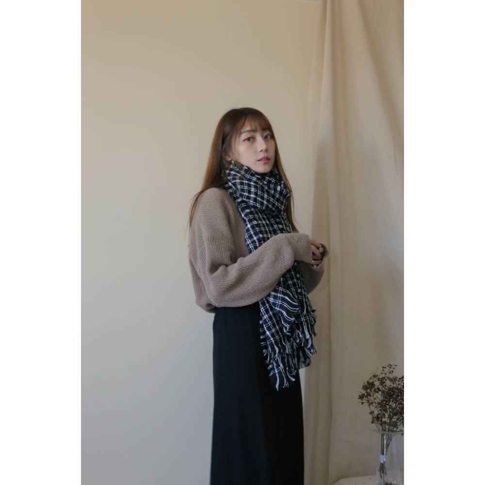 【Our Studio】鬚邊復古小格子圍巾 杏色 黑色(現貨)-細節圖3