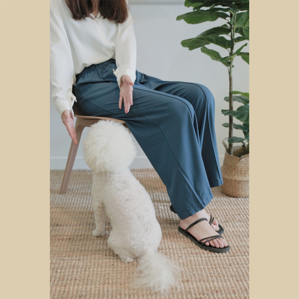 【Our Studio】細綁帶壓線寬褲 孔雀藍色(現貨)-細節圖2