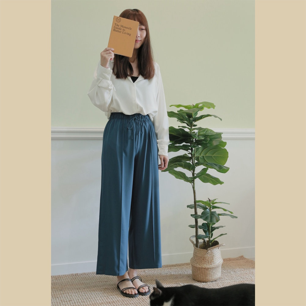 【Our Studio】細綁帶壓線寬褲 孔雀藍色(現貨)-細節圖3