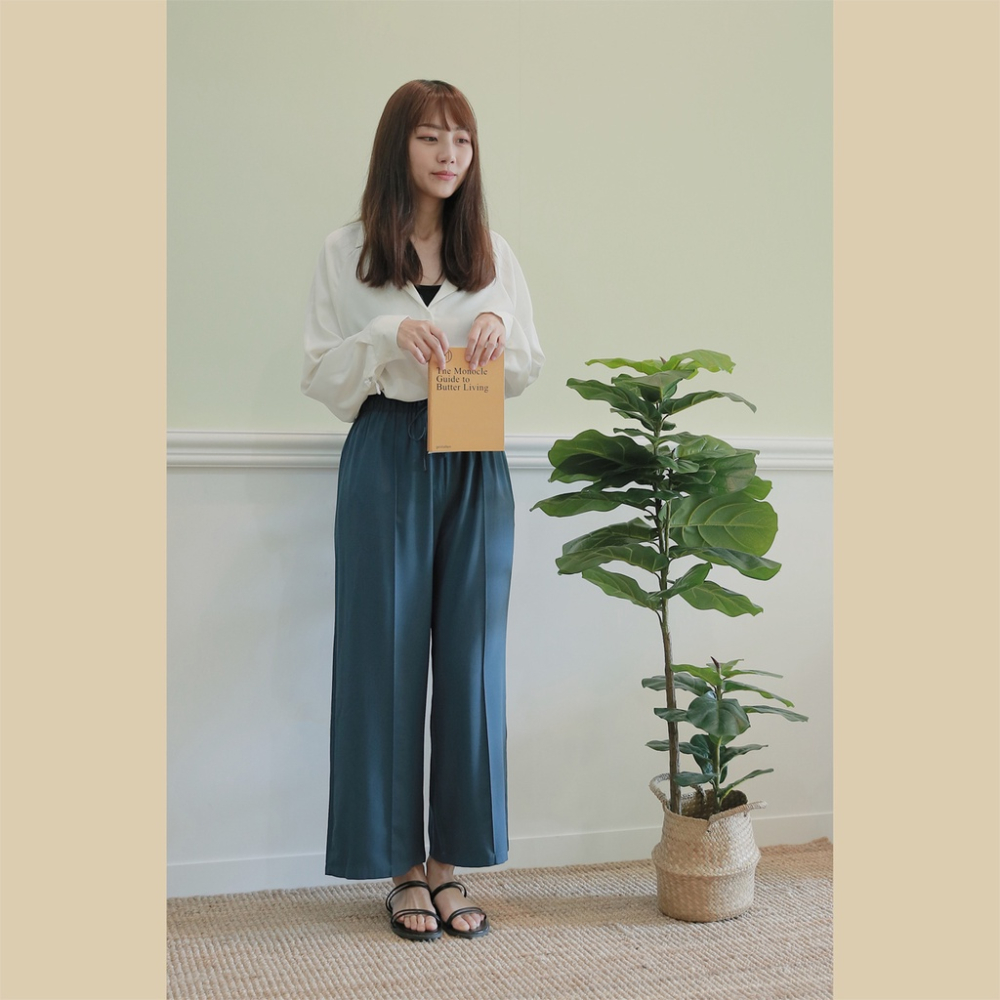 【Our Studio】細綁帶壓線寬褲 孔雀藍色(現貨)-細節圖4