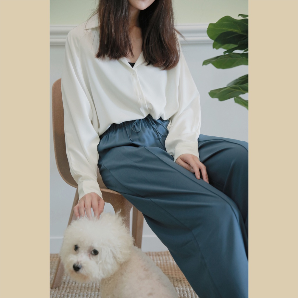 【Our Studio】細綁帶壓線寬褲 孔雀藍色(現貨)-細節圖5