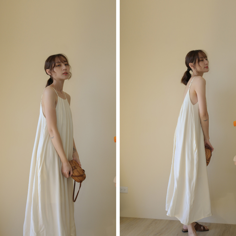【Our Studio】唯美後U領削肩百褶長洋裝 杏色 抹茶色 黑色(現貨)-細節圖8