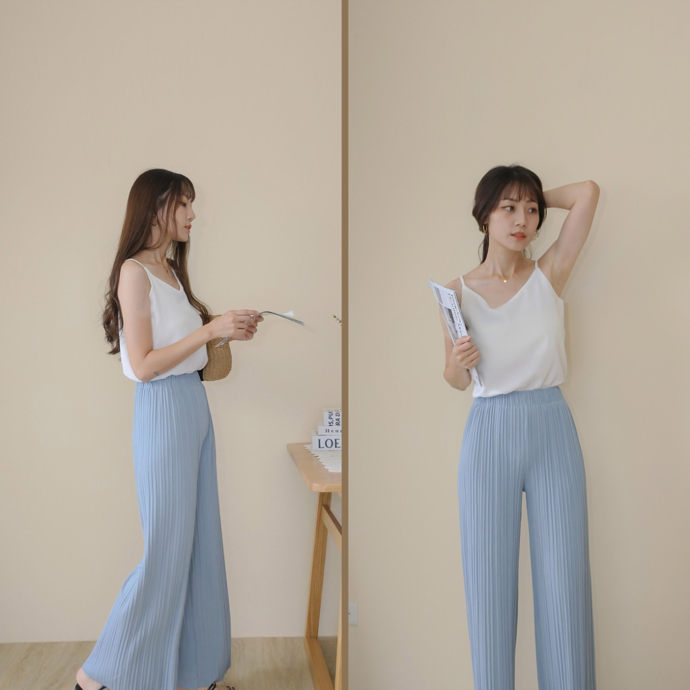 【Our Studio】垂墜慵懶落地條坑壓褶長褲 可可色 深灰色 象牙白色 黑色 霧藍色(現貨)-細節圖2