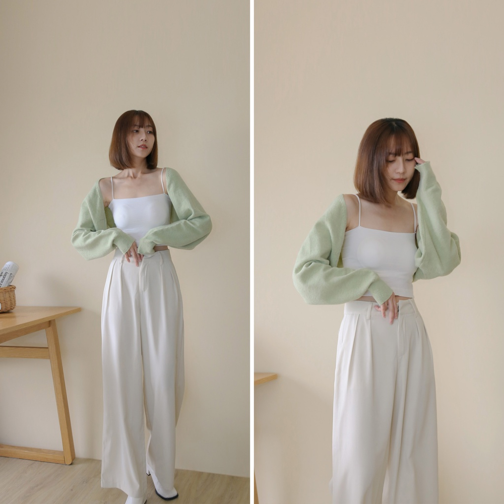【Our Studio】溫柔色慵懶披肩短版罩衫 奶油綠色 可可色(現貨)-細節圖2