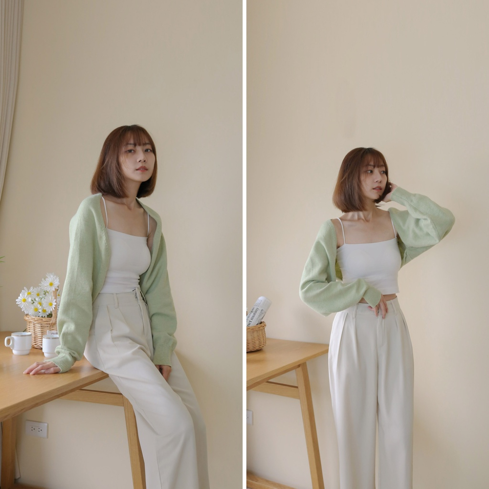 【Our Studio】溫柔色慵懶披肩短版罩衫 奶油綠色 可可色(現貨)-細節圖3