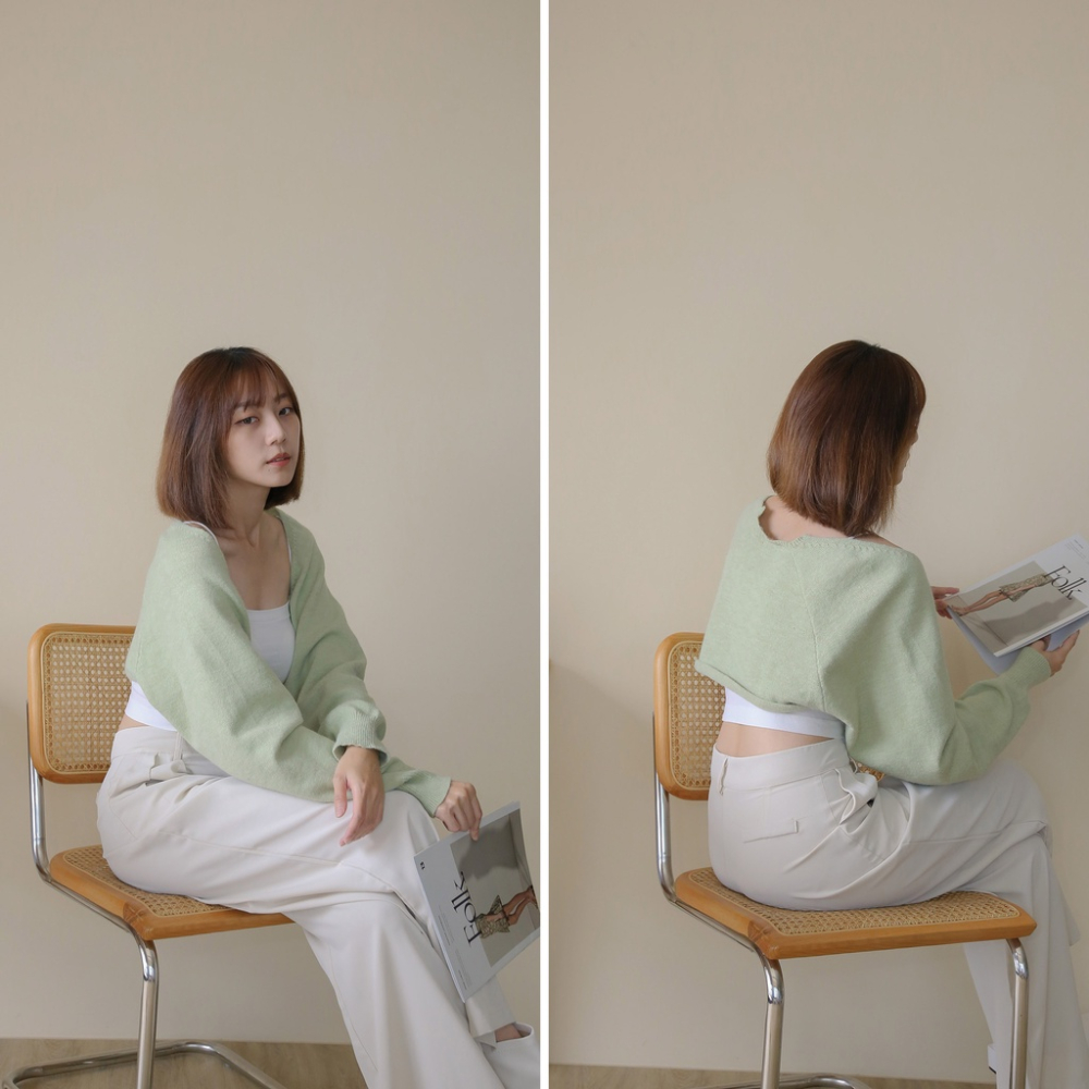 【Our Studio】溫柔色慵懶披肩短版罩衫 奶油綠色 可可色(現貨)-細節圖5